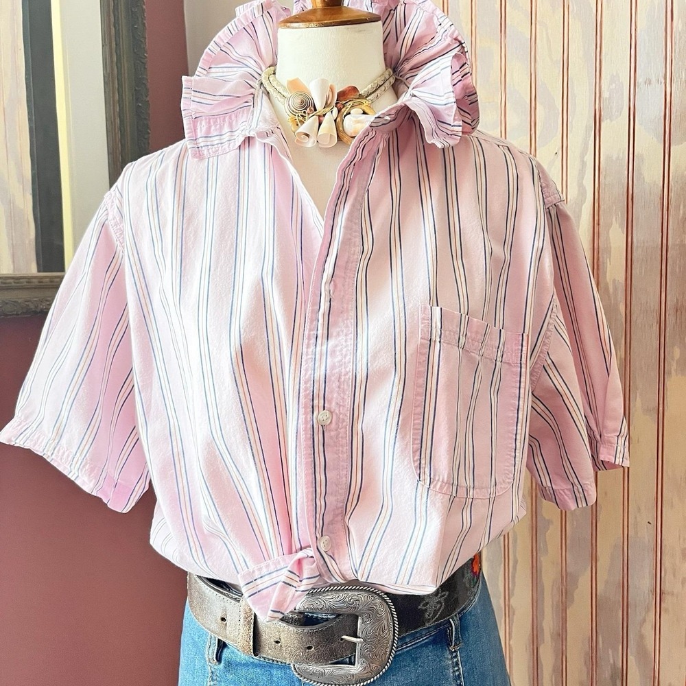 Upcycled Re-worked Steve & Barry's Pink Blue Striped Big Ruffle Collar Shirt M/L
